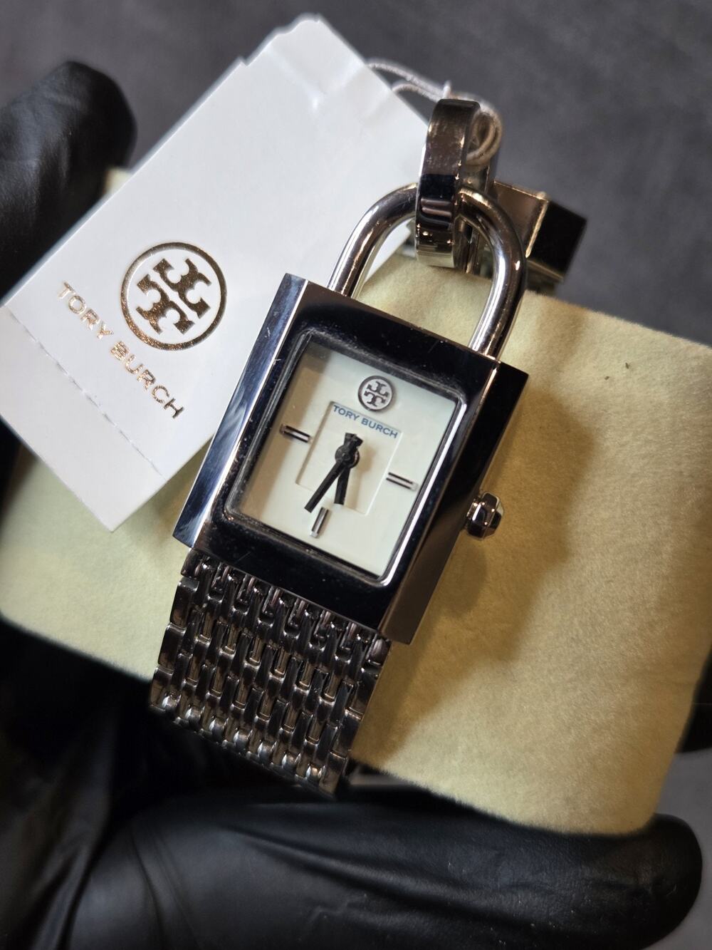 Tory Burch Women's Surrey TBW7101 Silver Lock Bracelet Watch NWT Needs Battery
